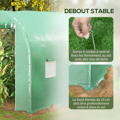 Garden Tunnel Greenhouse Ground Surface 6 m² 3L x 2W x 2.10H m Reinforced Tubular Frame Double Zippered Door 4 Roll-Up Windows Green