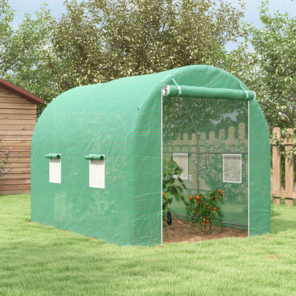 Garden Tunnel Greenhouse Ground Surface 6 m² 3L x 2W x 2.10H m Reinforced Tubular Frame Double Zippered Door 4 Roll-Up Windows Green