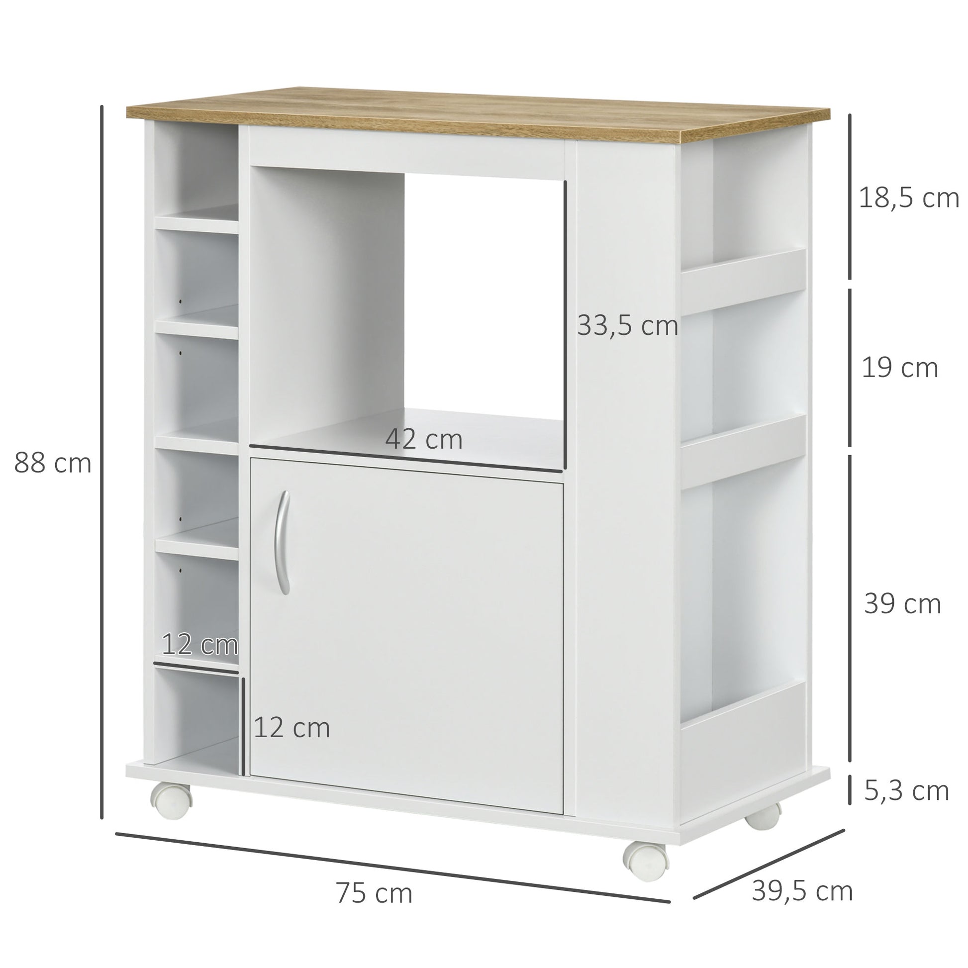Kitchen Sideboard with Wheels Buffet Dining Cabinet with Door and Storage Compartments Microwave Stand Modern Style 75x39.5x88 cm White