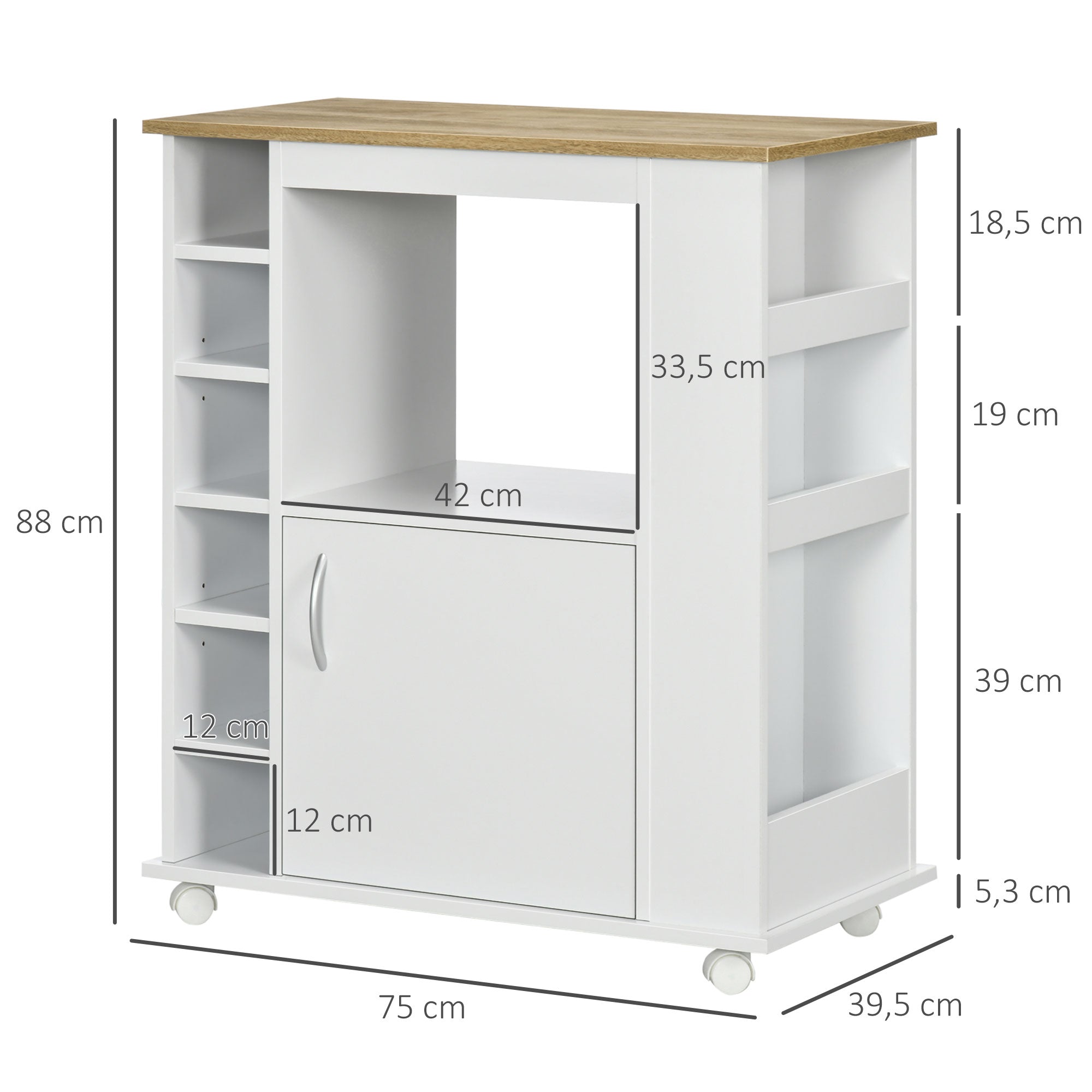 Kitchen Sideboard with Wheels Buffet Dining Cabinet with Door and Storage Compartments Microwave Stand Modern Style 75x39.5x88 cm White