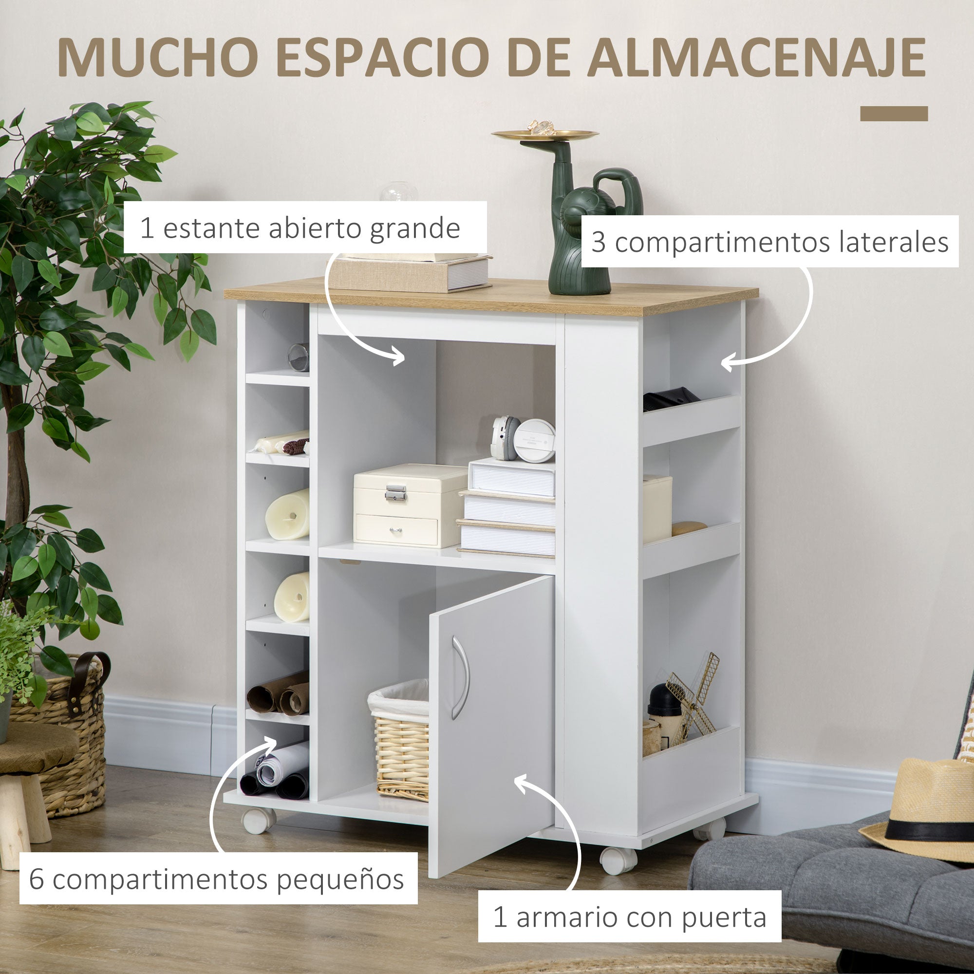 Kitchen Sideboard with Wheels Buffet Dining Cabinet with Door and Storage Compartments Microwave Stand Modern Style 75x39.5x88 cm White