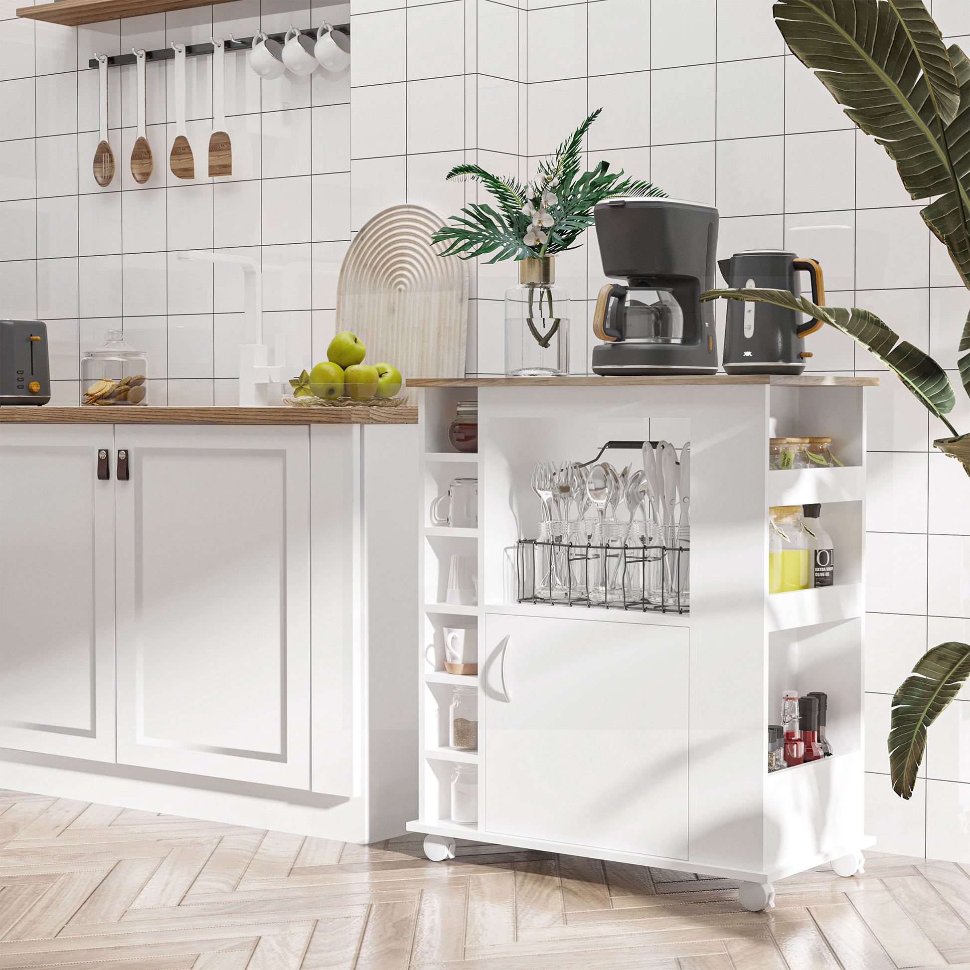 Kitchen Sideboard with Wheels Buffet Dining Cabinet with Door and Storage Compartments Microwave Stand Modern Style 75x39.5x88 cm White