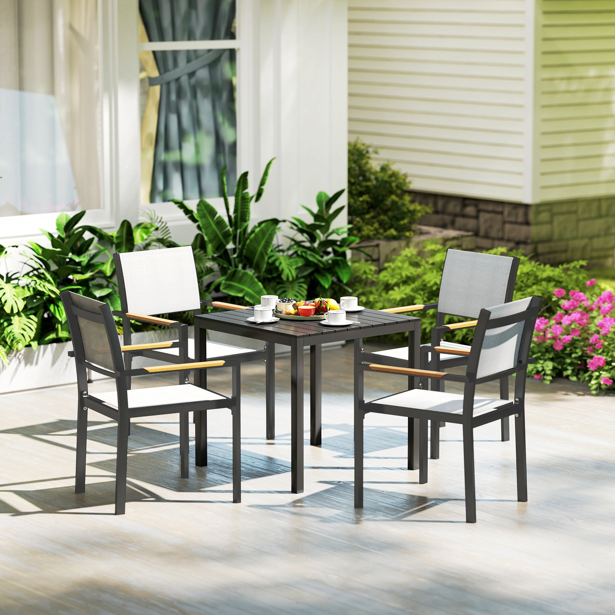 Garden Table Aluminum 73x73 cm Weatherproof Buffet Table with Wood Grain Look, Camping Table for 4 Persons Non-Slip Balcony Table Outdoor Dining Table for Garden, Terrace Balcony Black