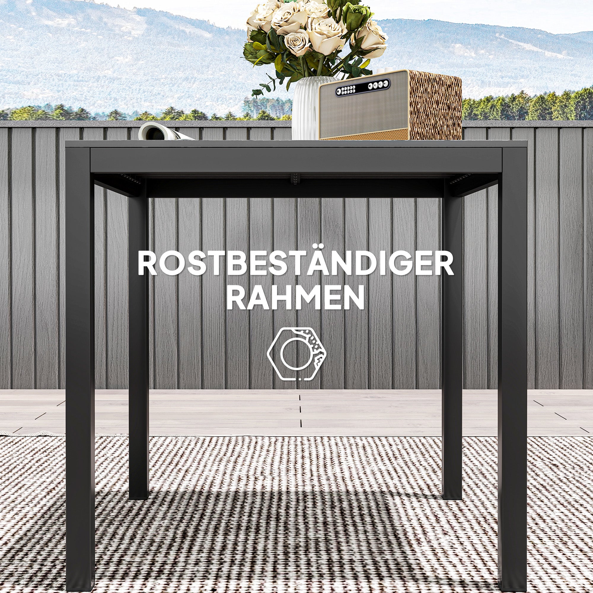Garden Table Aluminum 73x73 cm Weatherproof Buffet Table with Wood Grain Look, Camping Table for 4 Persons Non-Slip Balcony Table Outdoor Dining Table for Garden, Terrace Balcony Black