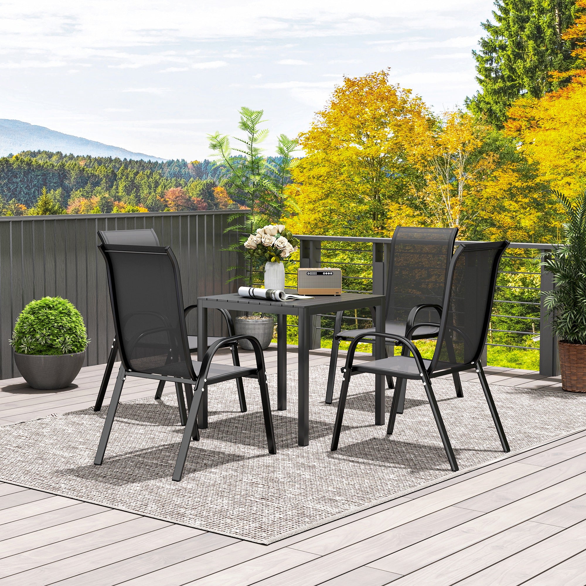 Garden Table Aluminum 73x73 cm Weatherproof Buffet Table with Wood Grain Look, Camping Table for 4 Persons Non-Slip Balcony Table Outdoor Dining Table for Garden, Terrace Balcony Black