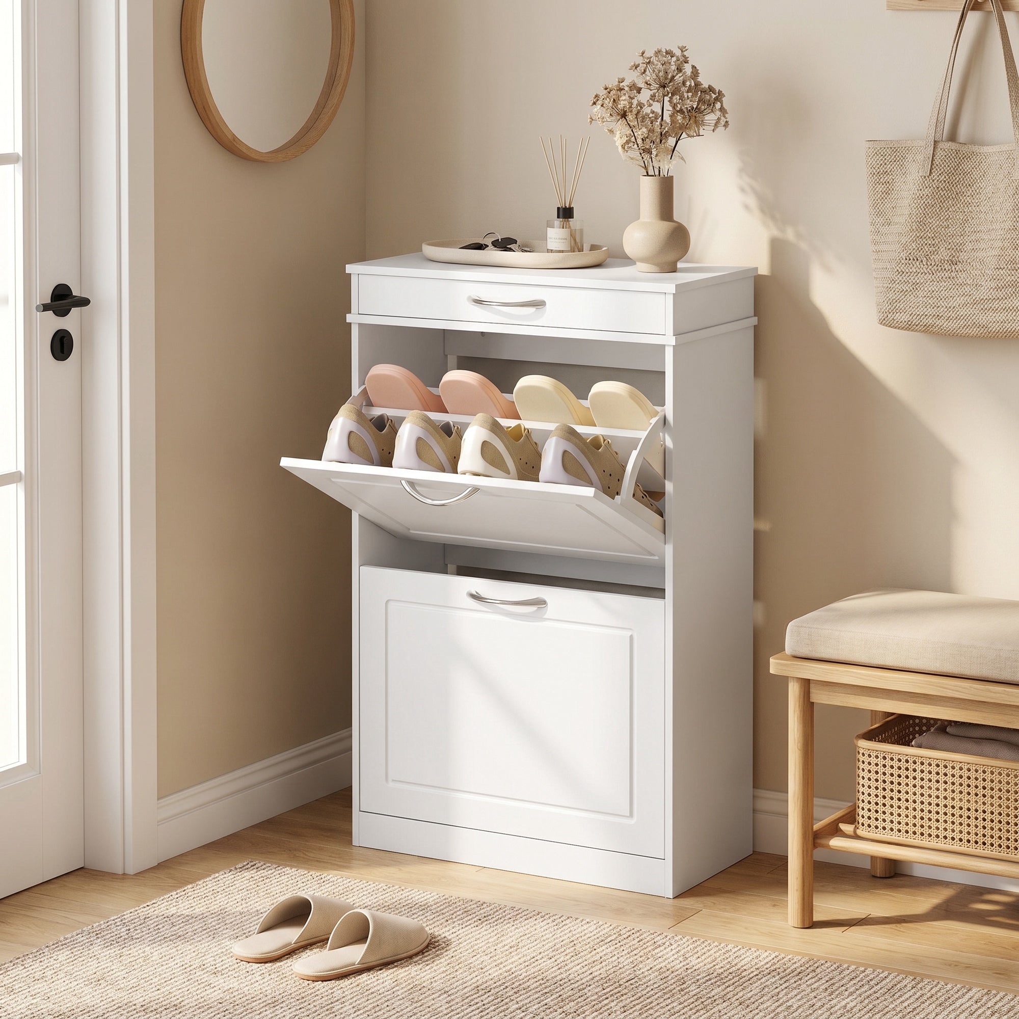 Shoe Cabinet for 8 Pairs — Slim Entryway Cabinet with Drawer, 2 Flip Doors & Adjustable Shelf, 53 x 26.5 x 89 cm (20.9 x 10.4 x 35.0 in), White