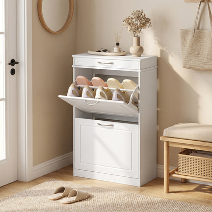 Shoe Cabinet for 8 Pairs — Slim Entryway Cabinet with Drawer, 2 Flip Doors & Adjustable Shelf, 53 x 26.5 x 89 cm (20.9 x 10.4 x 35.0 in), White