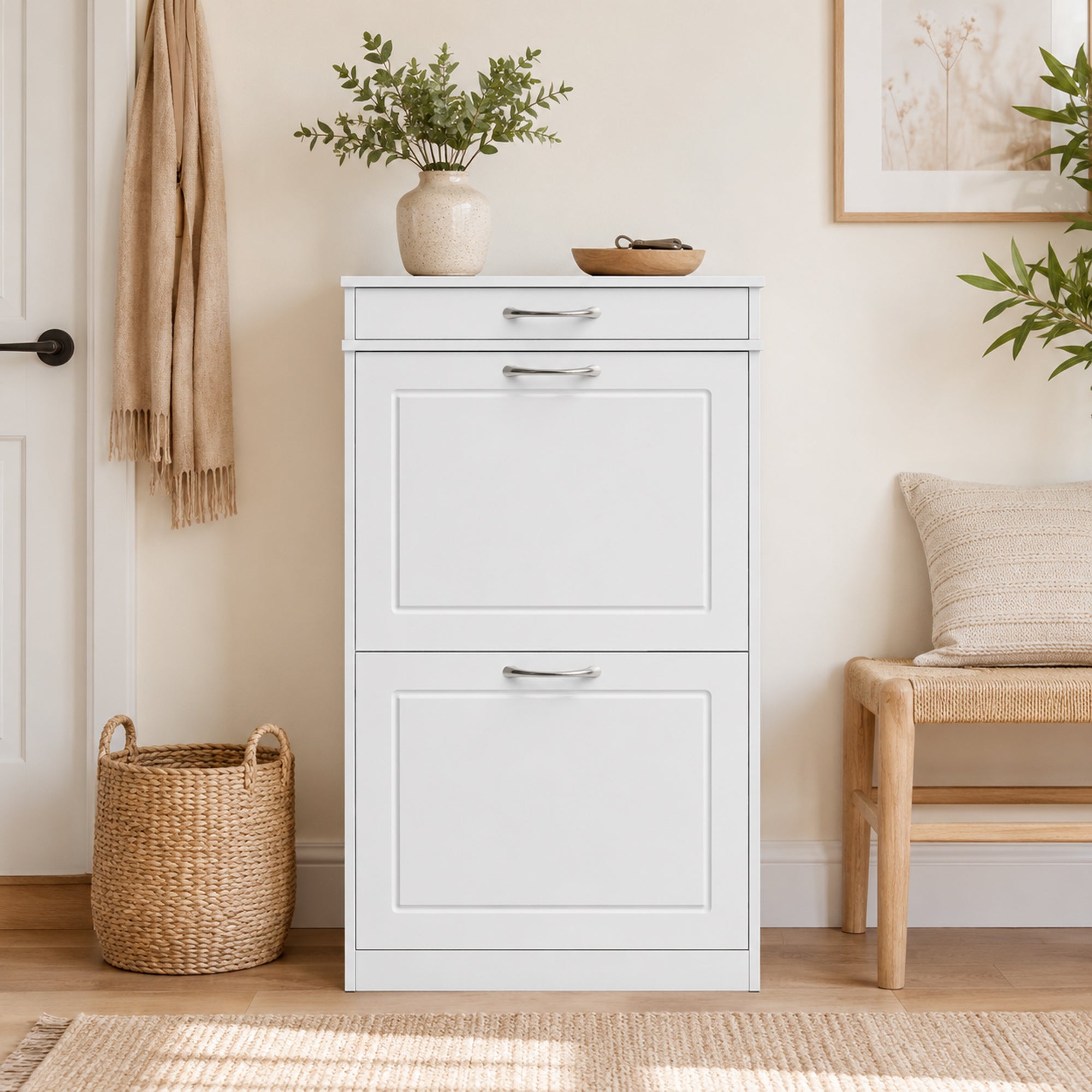Shoe Cabinet for 8 Pairs — Slim Entryway Cabinet with Drawer, 2 Flip Doors & Adjustable Shelf, 53 x 26.5 x 89 cm (20.9 x 10.4 x 35.0 in), White