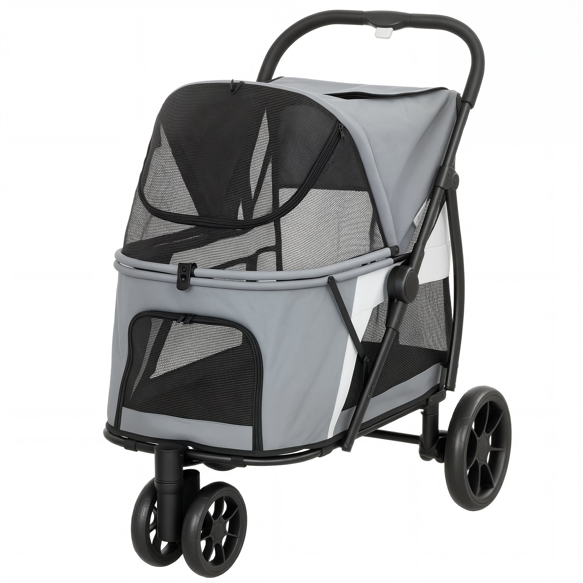 Foldable Dog Stroller / Pet Buggy for Dogs & Cats — Up to 44 lb (20 kg), Washable Cushion, Mesh Windows, 3 Wheels, Door, Rear Pocket, Gray
