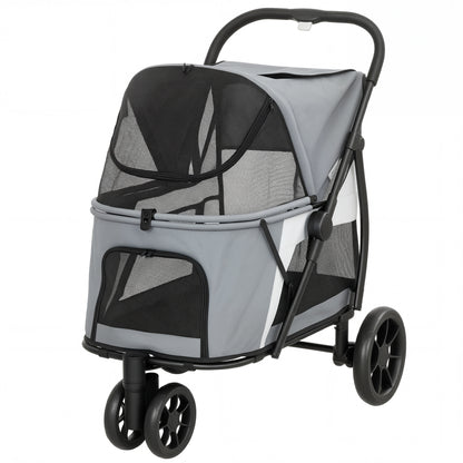 Foldable Dog Stroller / Pet Buggy for Dogs & Cats — Up to 44 lb (20 kg), Washable Cushion, Mesh Windows, 3 Wheels, Door, Rear Pocket, Gray