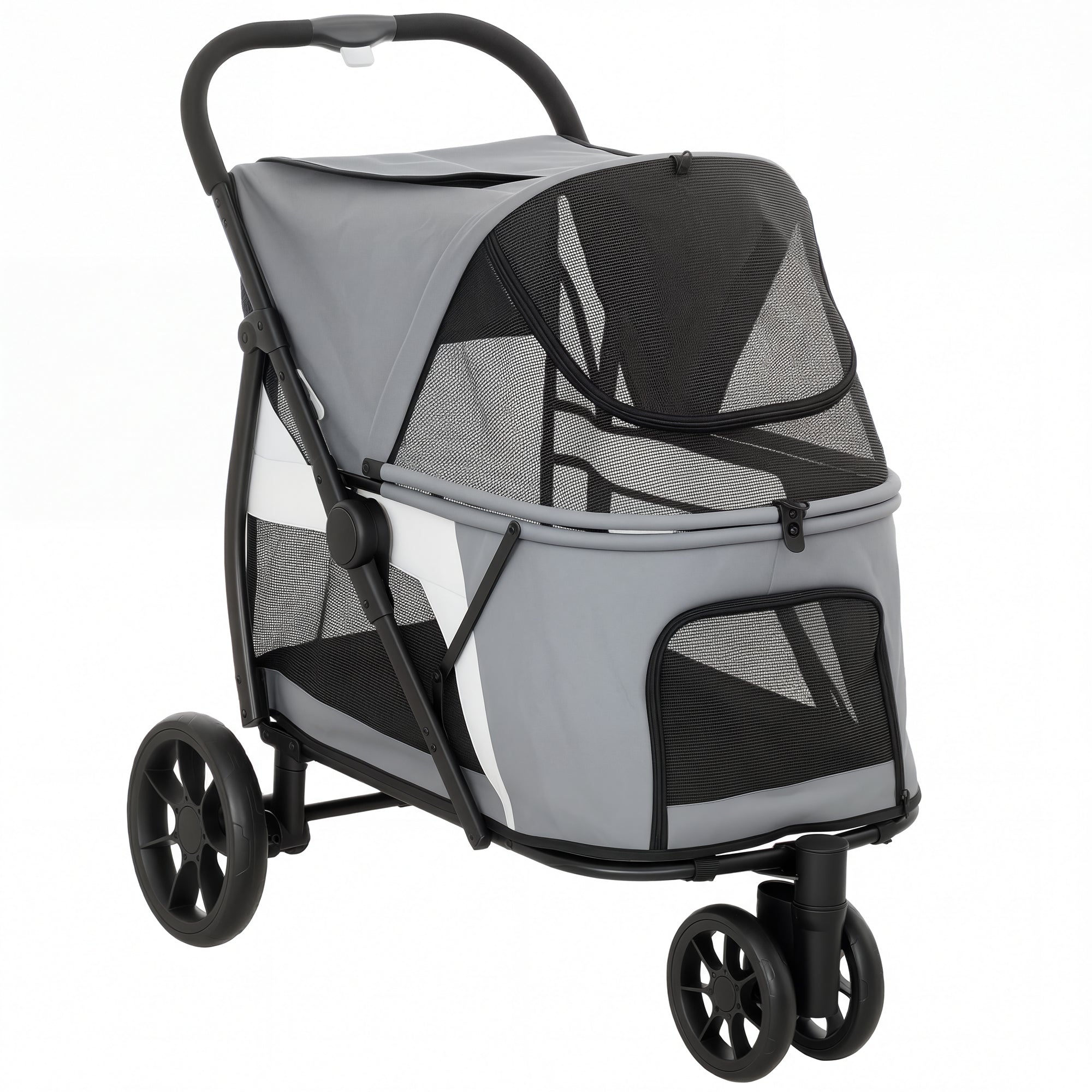 Foldable Dog Stroller / Pet Buggy for Dogs & Cats — Up to 44 lb (20 kg), Washable Cushion, Mesh Windows, 3 Wheels, Door, Rear Pocket, Gray
