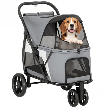 Foldable Dog Stroller / Pet Buggy for Dogs & Cats — Up to 44 lb (20 kg), Washable Cushion, Mesh Windows, 3 Wheels, Door, Rear Pocket, Gray
