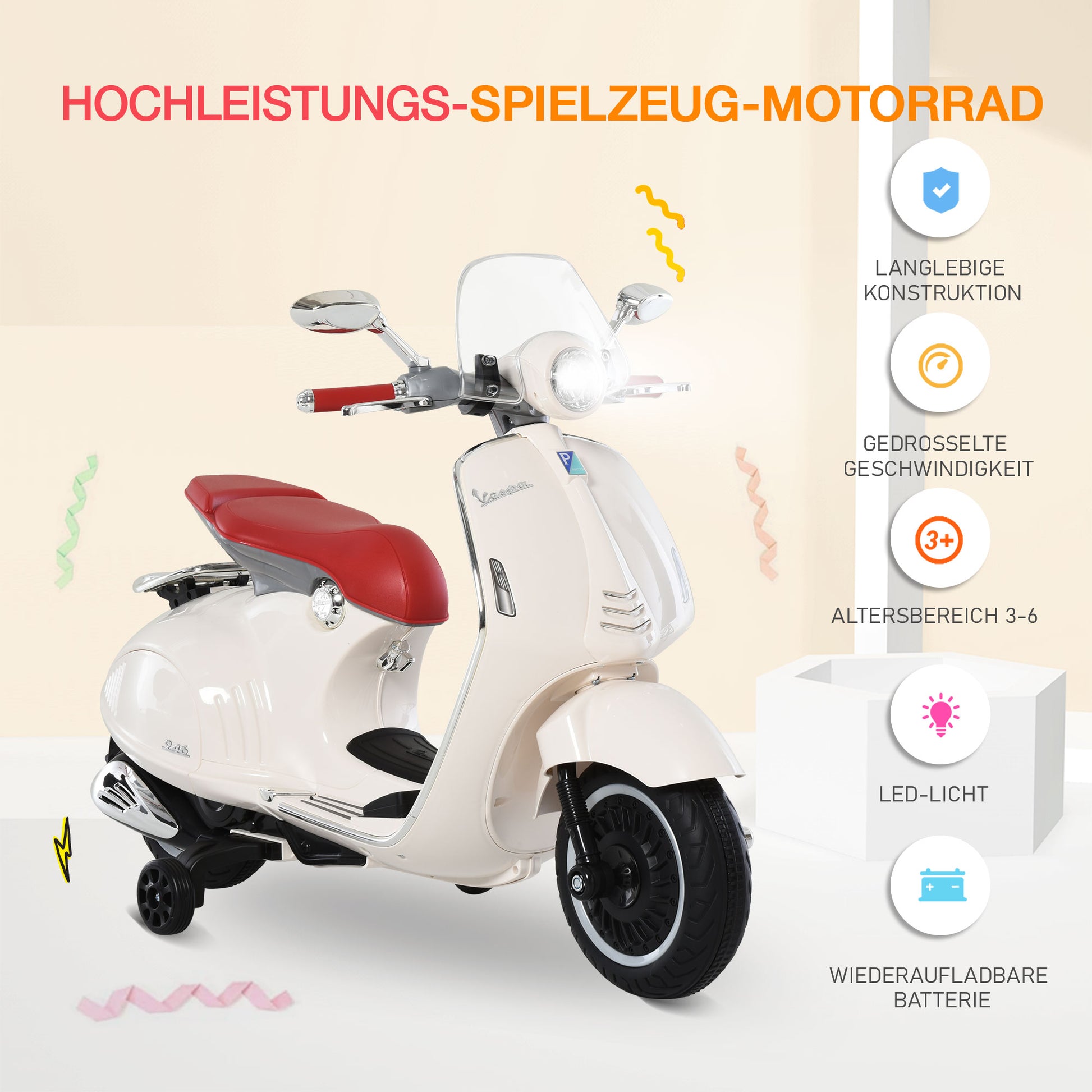 Kids Electric Motorcycle, 6V Children's Motorcycle with Headlight, Music, Forward and Reverse Gear, Training Wheels, 30 kg capacity, Electric Motorcycle for 3-6 Years Kids, White