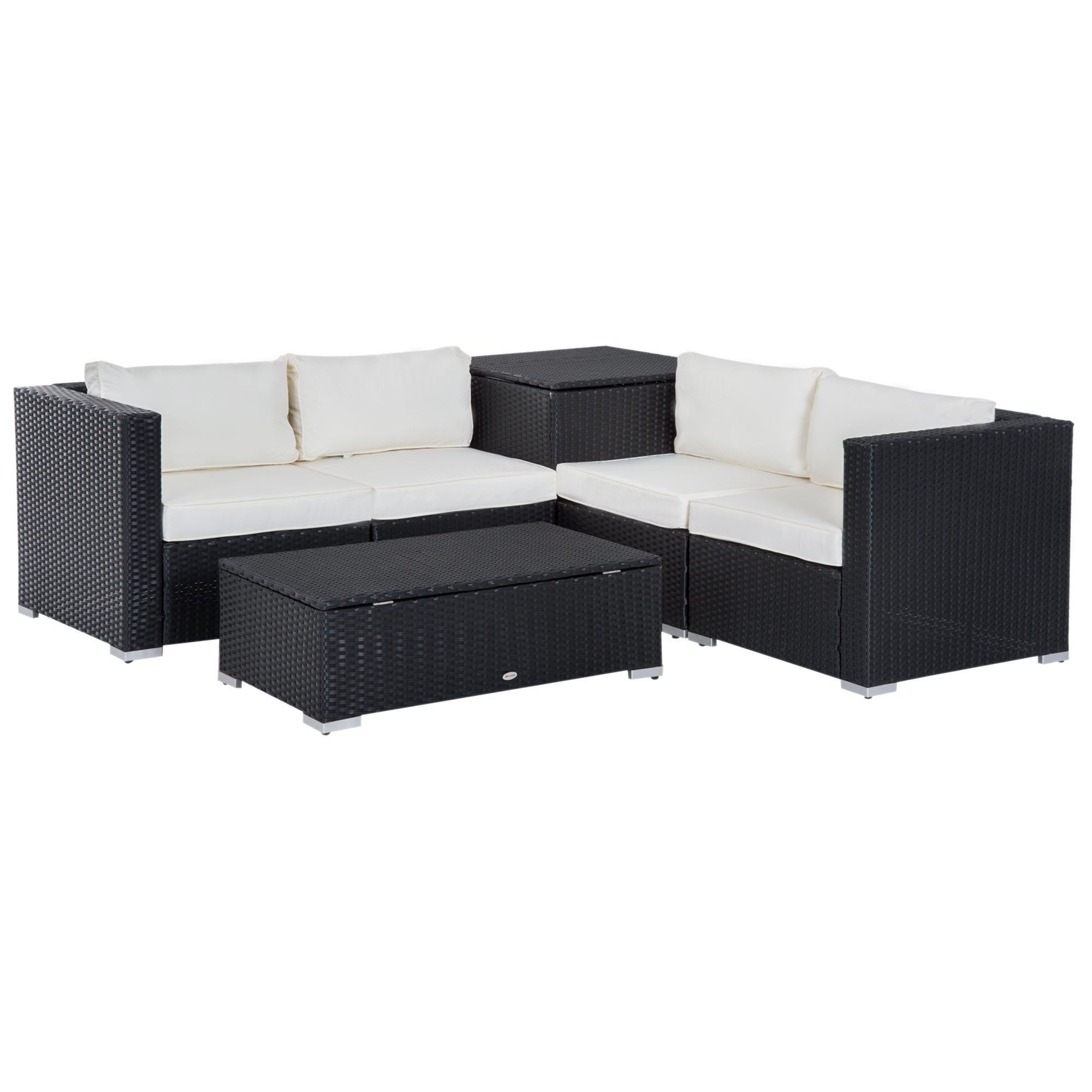 6-Piece Modular Garden Furniture Set in PE Rattan, Outdoor Lounge with 4 Upholstered Chairs and 2 Storage Tables, Black and Cream