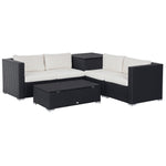 6-Piece Modular Garden Furniture Set in PE Rattan, Outdoor Lounge with 4 Upholstered Chairs and 2 Storage Tables, Black and Cream