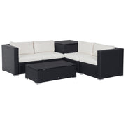 6-Piece Modular Garden Furniture Set in PE Rattan, Outdoor Lounge with 4 Upholstered Chairs and 2 Storage Tables, Black and Cream