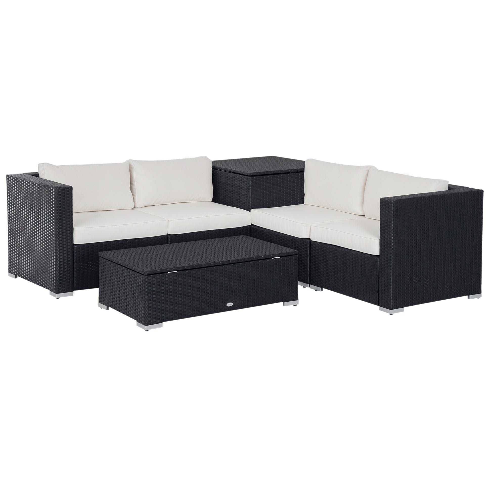 6-Piece Modular Garden Furniture Set in PE Rattan, Outdoor Lounge with 4 Upholstered Chairs and 2 Storage Tables, Black and Cream