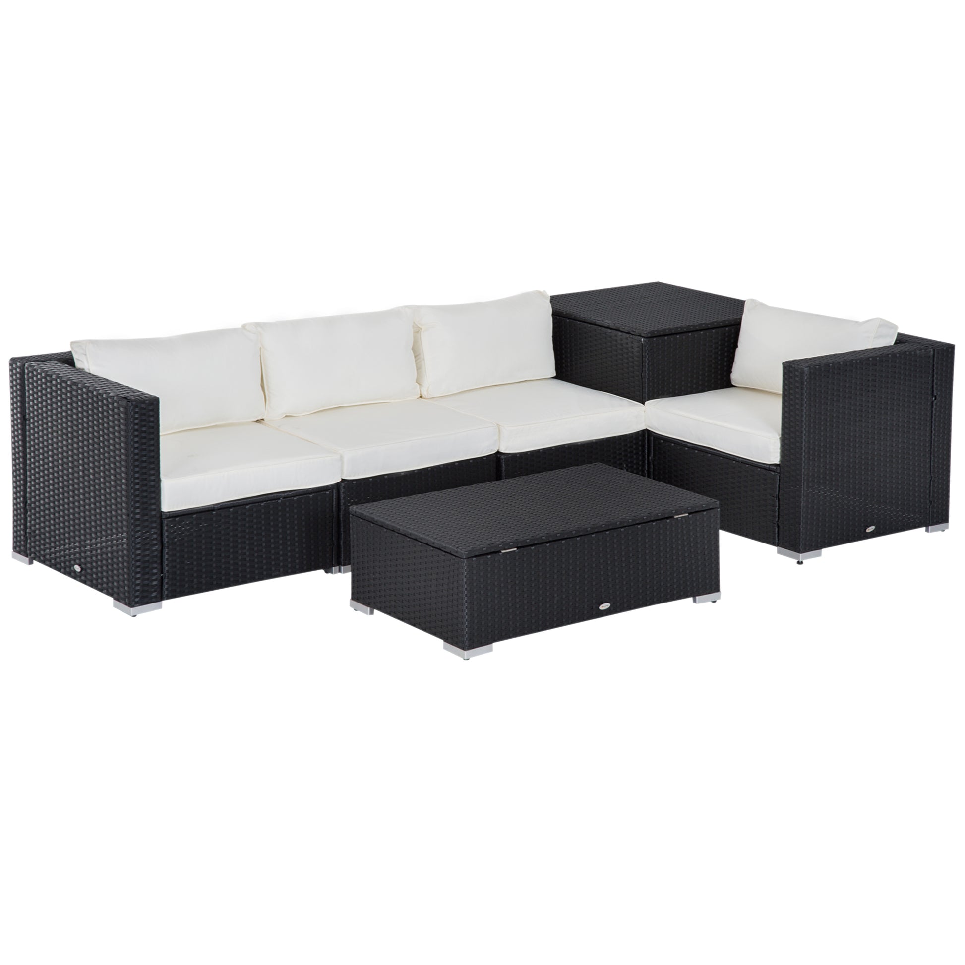 6-Piece Modular Garden Furniture Set in PE Rattan, Outdoor Lounge with 4 Upholstered Chairs and 2 Storage Tables, Black and Cream