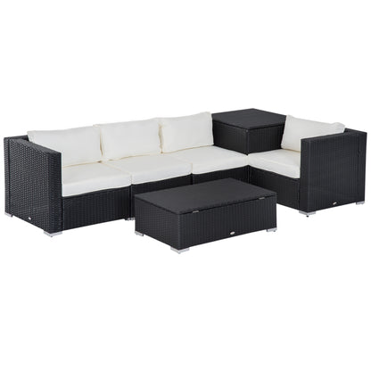 6-Piece Modular Garden Furniture Set in PE Rattan, Outdoor Lounge with 4 Upholstered Chairs and 2 Storage Tables, Black and Cream