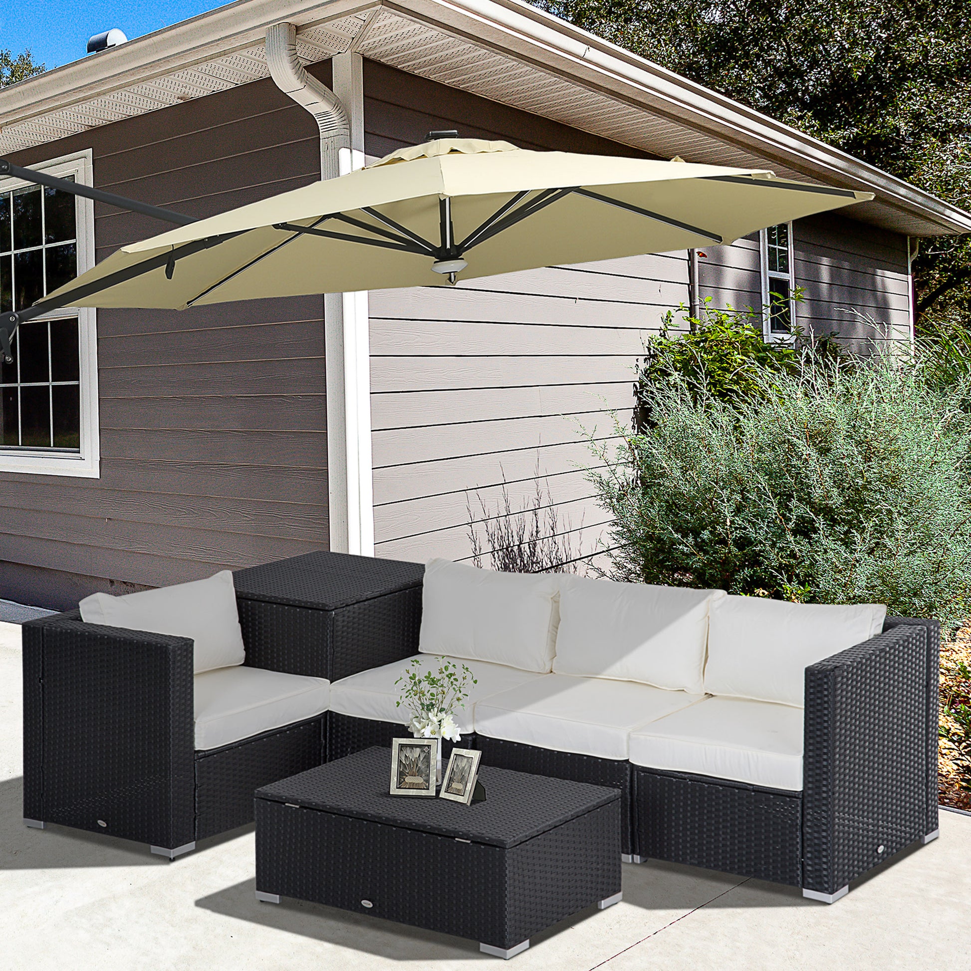 6-Piece Modular Garden Furniture Set in PE Rattan, Outdoor Lounge with 4 Upholstered Chairs and 2 Storage Tables, Black and Cream