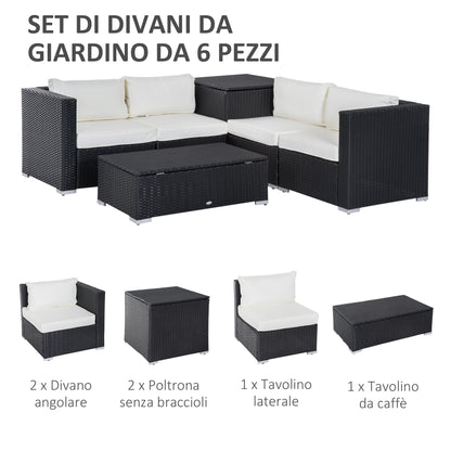 6-Piece Modular Garden Furniture Set in PE Rattan, Outdoor Lounge with 4 Upholstered Chairs and 2 Storage Tables, Black and Cream