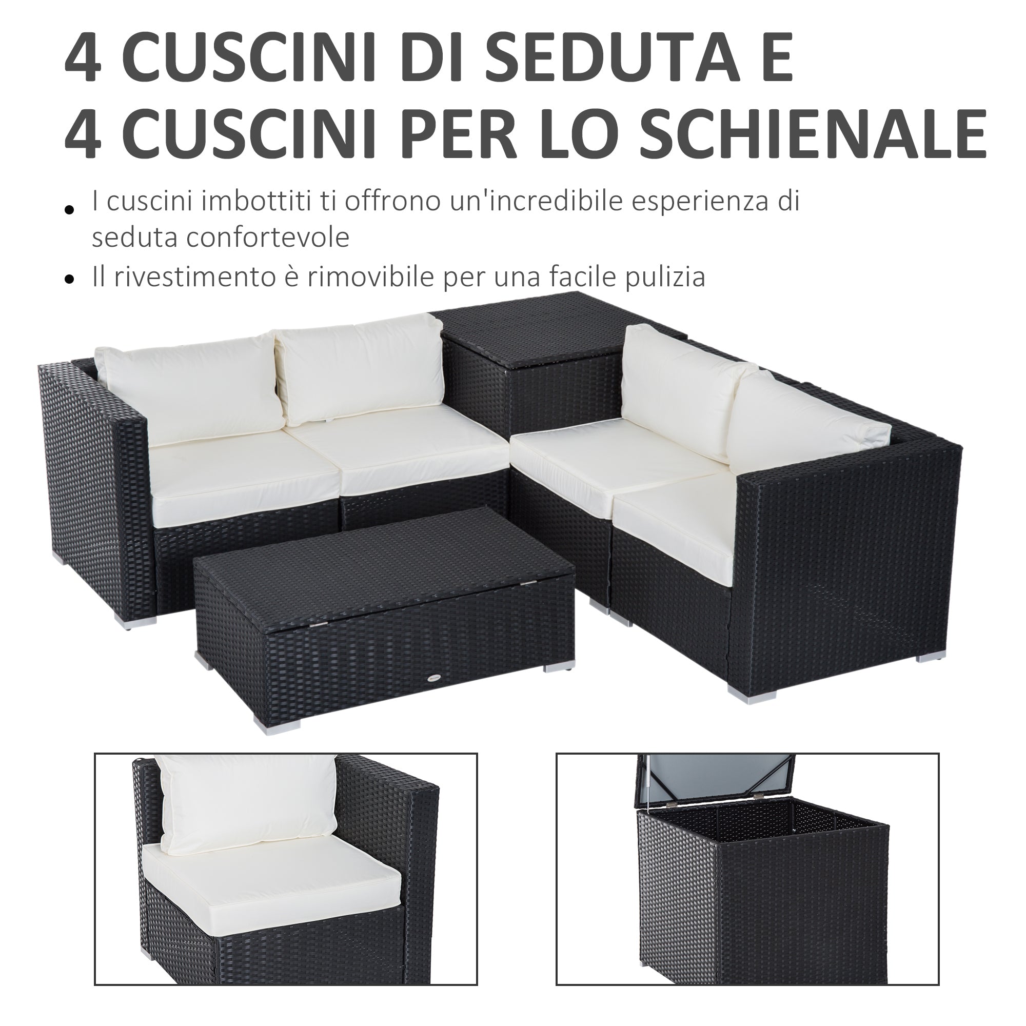 6-Piece Modular Garden Furniture Set in PE Rattan, Outdoor Lounge with 4 Upholstered Chairs and 2 Storage Tables, Black and Cream
