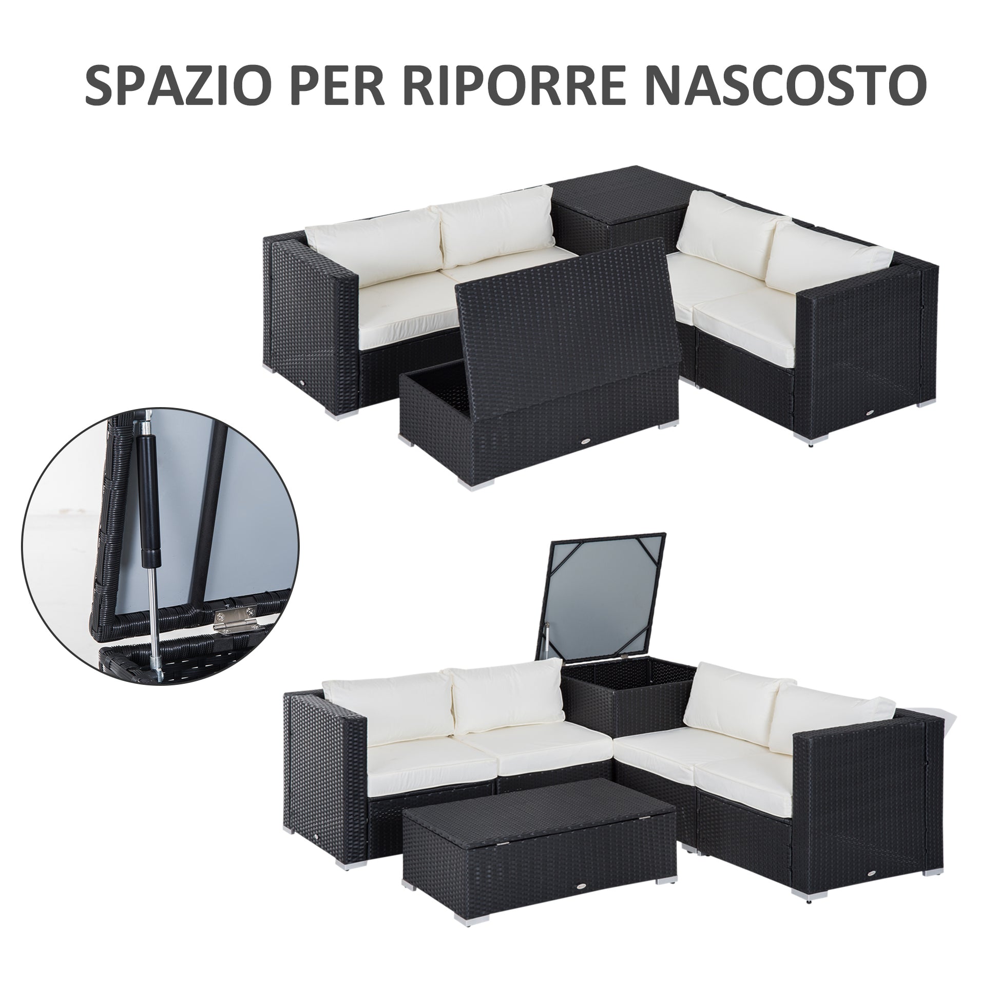 6-Piece Modular Garden Furniture Set in PE Rattan, Outdoor Lounge with 4 Upholstered Chairs and 2 Storage Tables, Black and Cream