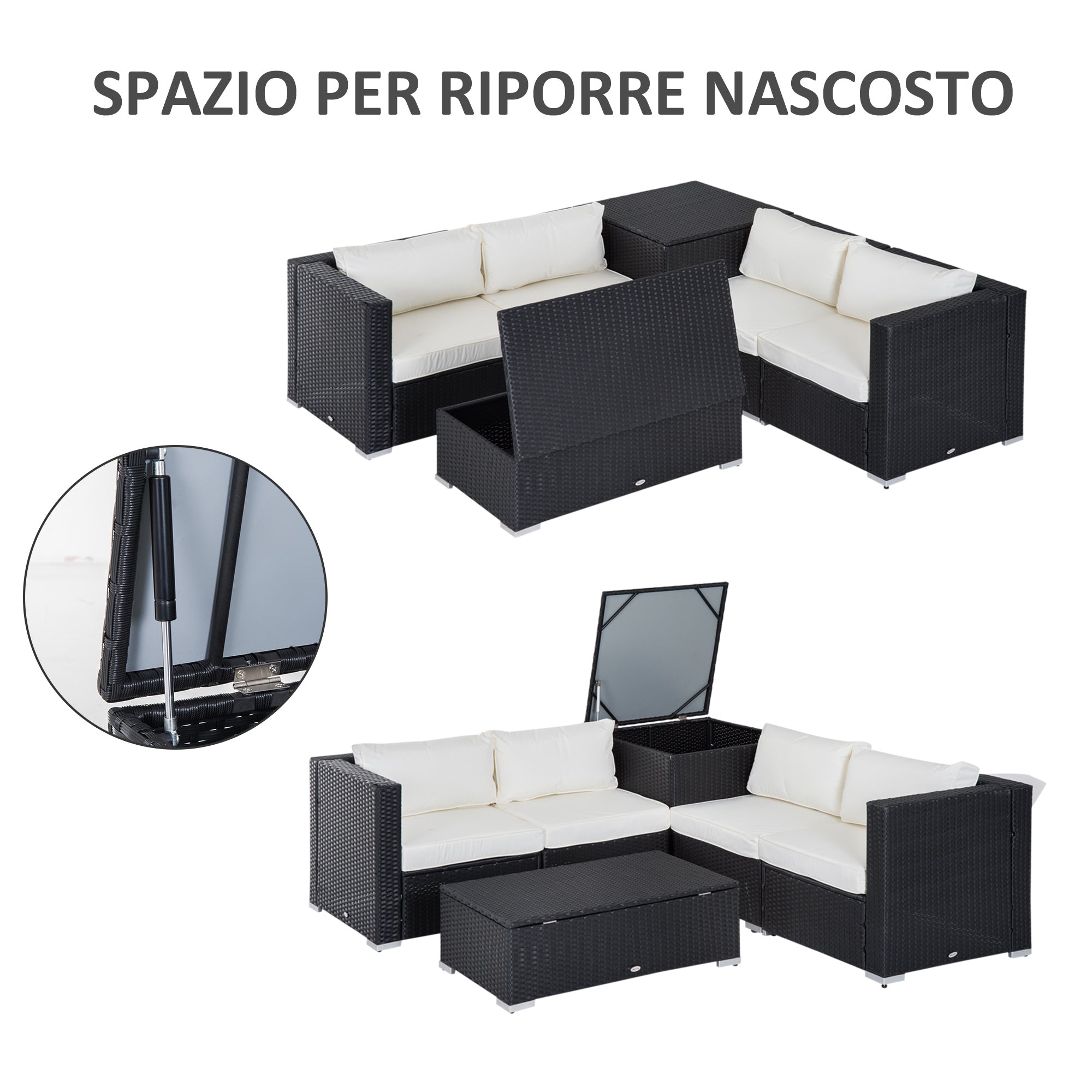 6-Piece Modular Garden Furniture Set in PE Rattan, Outdoor Lounge with 4 Upholstered Chairs and 2 Storage Tables, Black and Cream