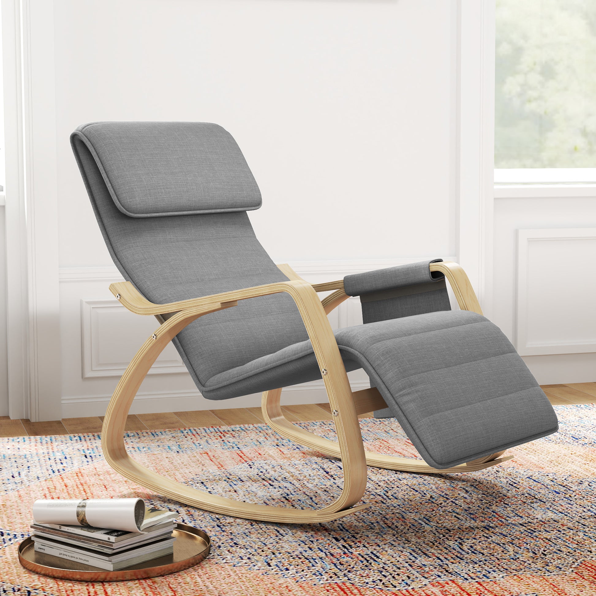 Rocking Chair Nursing Relaxation Lounge Chair with Adjustable Footrest, Side Pocket, and Headrest, Rocking Chair for Bedroom, 67 x 110 x 91 cm Gray