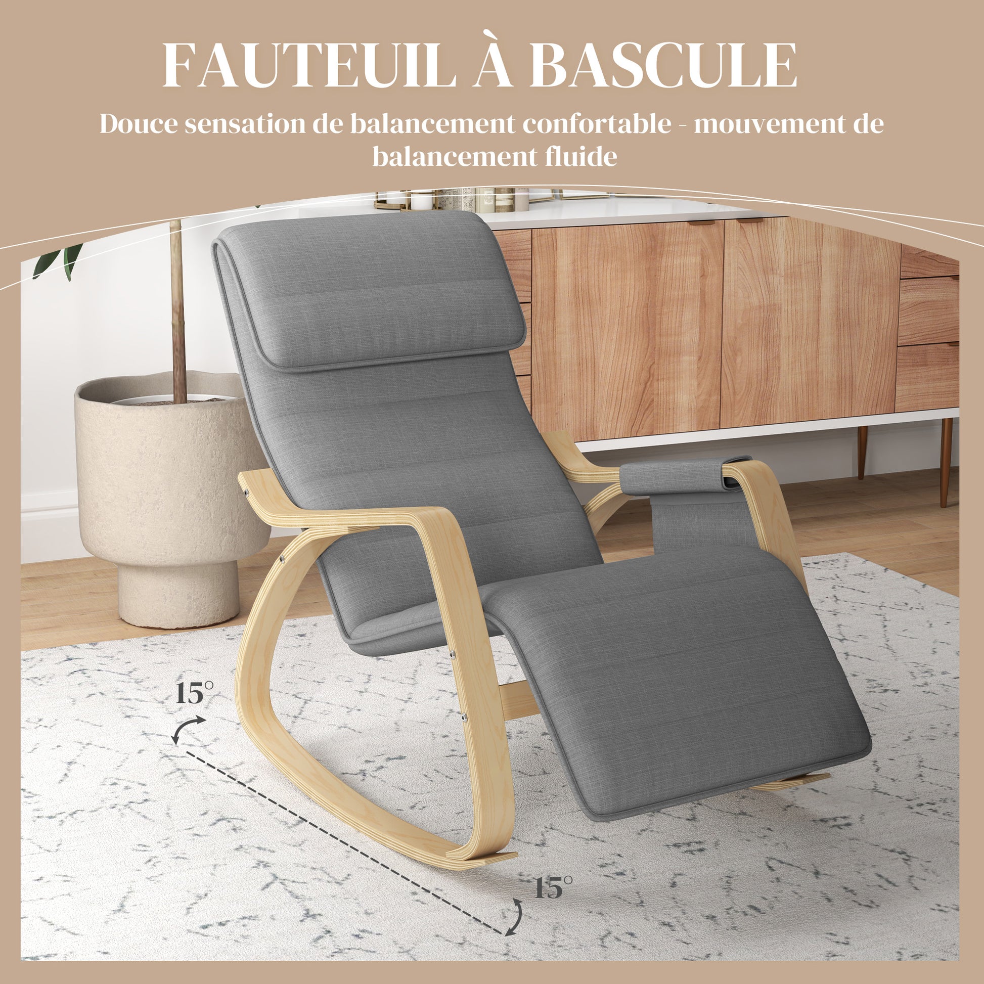 Rocking Chair Nursing Relaxation Lounge Chair with Adjustable Footrest, Side Pocket, and Headrest, Rocking Chair for Bedroom, 67 x 110 x 91 cm Gray