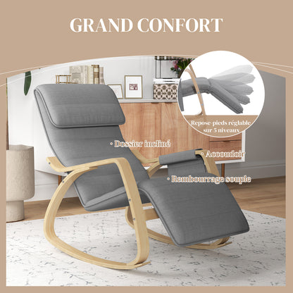 Rocking Chair Nursing Relaxation Lounge Chair with Adjustable Footrest, Side Pocket, and Headrest, Rocking Chair for Bedroom, 67 x 110 x 91 cm Gray