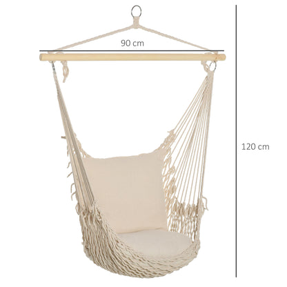 Hanging Swing Hammock Chair with 2 Cotton Pillows Wood Bar 120 kg Load Swing Chair for Indoor and Outdoor Cream