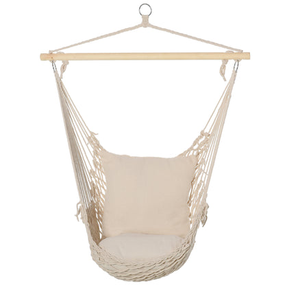 Hanging Swing Hammock Chair with 2 Cotton Pillows Wood Bar 120 kg Load Swing Chair for Indoor and Outdoor Cream