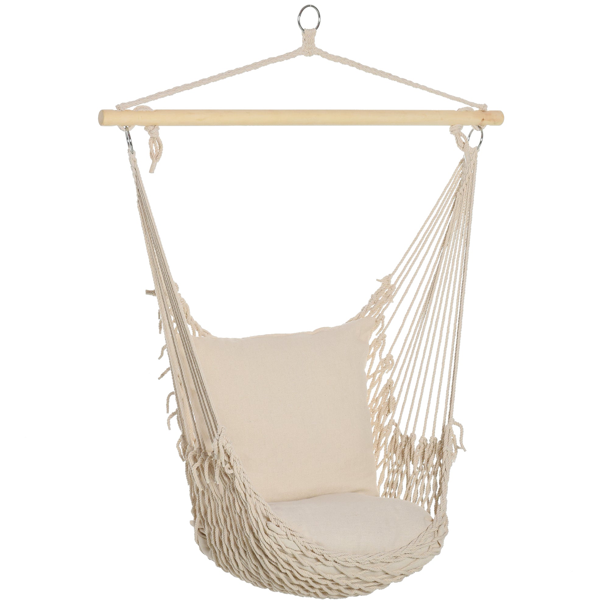 Hanging Swing Hammock Chair with 2 Cotton Pillows Wood Bar 120 kg Load Swing Chair for Indoor and Outdoor Cream