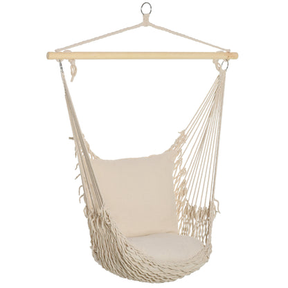 Hanging Swing Hammock Chair with 2 Cotton Pillows Wood Bar 120 kg Load Swing Chair for Indoor and Outdoor Cream