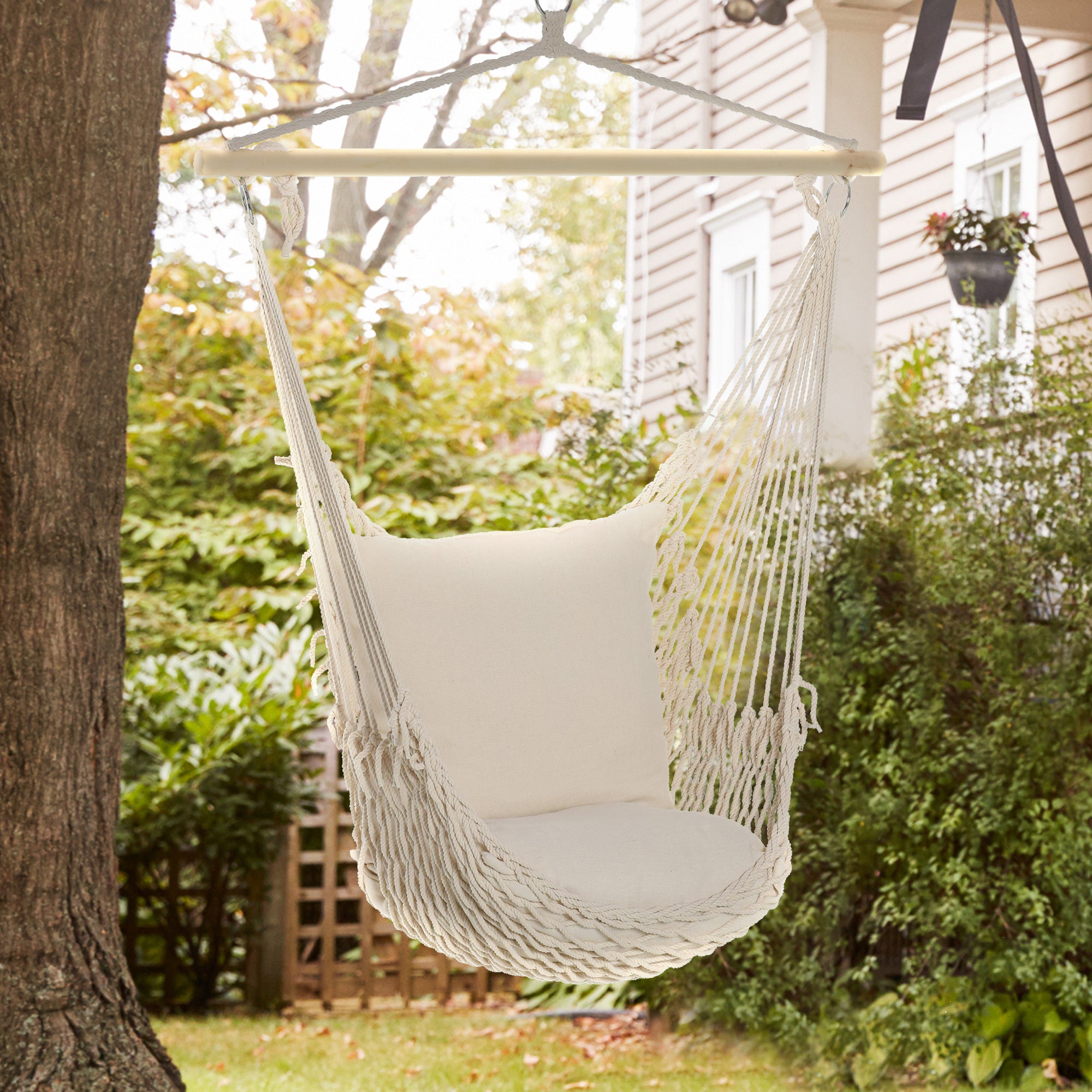 Hanging Swing Hammock Chair with 2 Cotton Pillows Wood Bar 120 kg Load Swing Chair for Indoor and Outdoor Cream