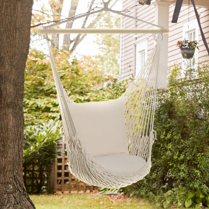Hanging Swing Hammock Chair with 2 Cotton Pillows Wood Bar 120 kg Load Swing Chair for Indoor and Outdoor Cream