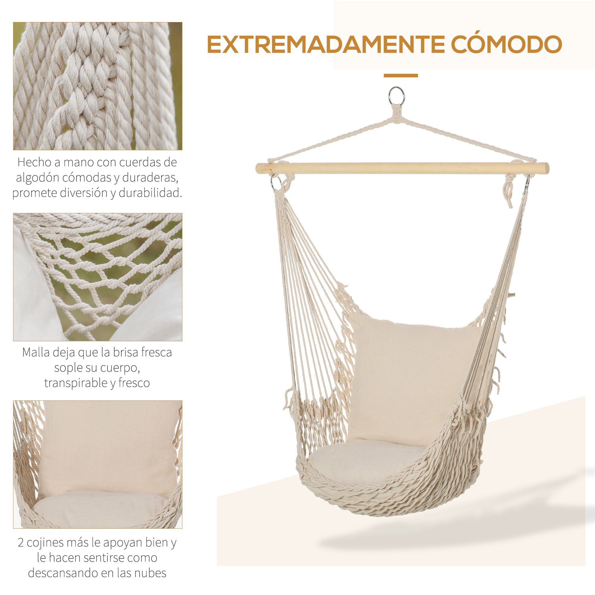 Hanging Swing Hammock Chair with 2 Cotton Pillows Wood Bar 120 kg Load Swing Chair for Indoor and Outdoor Cream