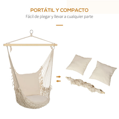 Hanging Swing Hammock Chair with 2 Cotton Pillows Wood Bar 120 kg Load Swing Chair for Indoor and Outdoor Cream