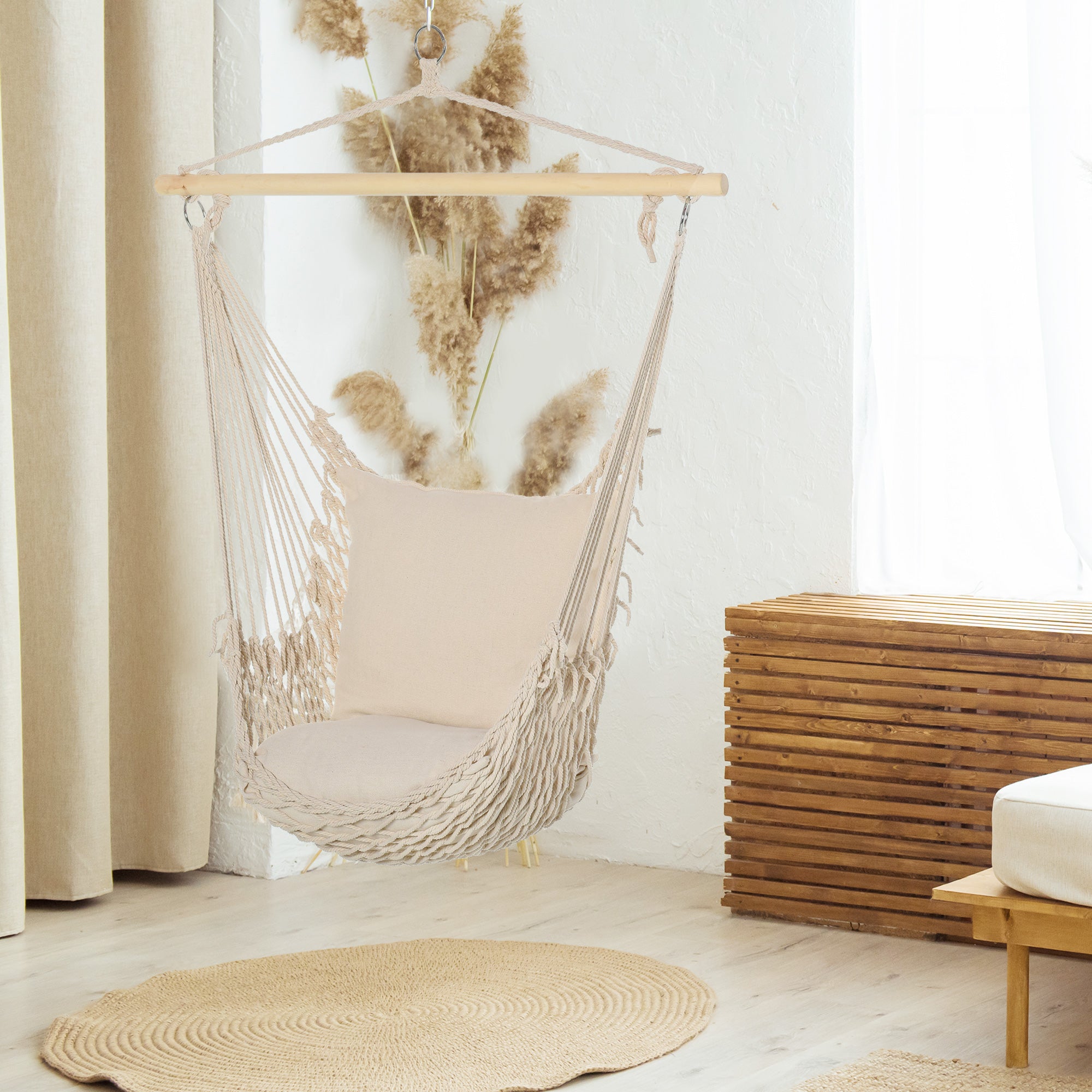 Hanging Swing Hammock Chair with 2 Cotton Pillows Wood Bar 120 kg Load Swing Chair for Indoor and Outdoor Cream