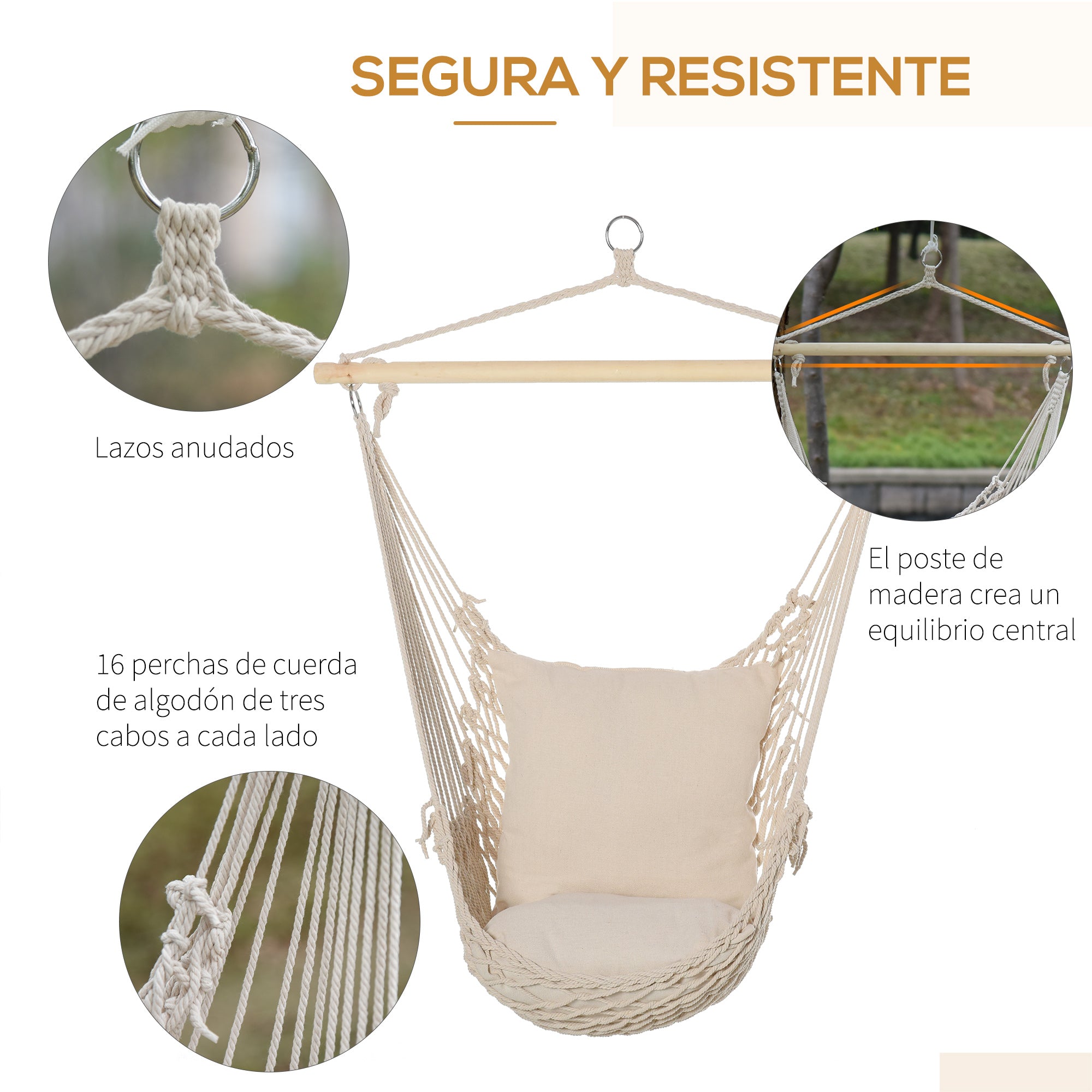 Hanging Swing Hammock Chair with 2 Cotton Pillows Wood Bar 120 kg Load Swing Chair for Indoor and Outdoor Cream