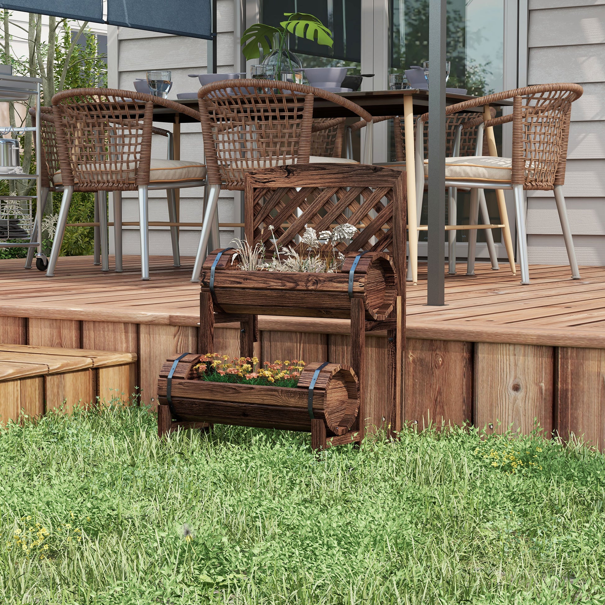 Raised Planter with Trellis Square Garden Bed 2 Tiers Raised Garden Bed for Terrace, Balcony, Garden, 42 x 49 x 80 cm, Brown
