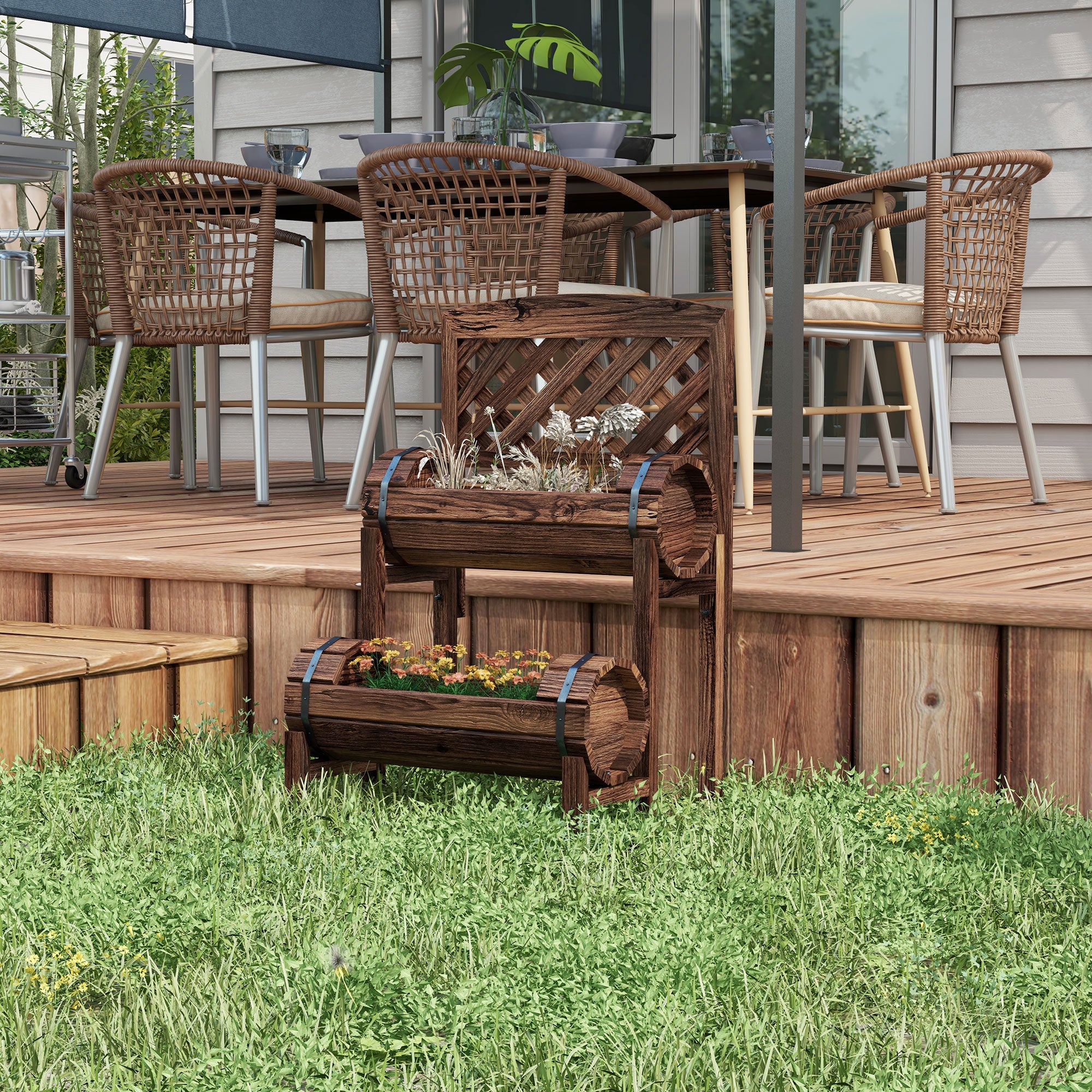 Raised Planter with Trellis Square Garden Bed 2 Tiers Raised Garden Bed for Terrace, Balcony, Garden, 42 x 49 x 80 cm, Brown