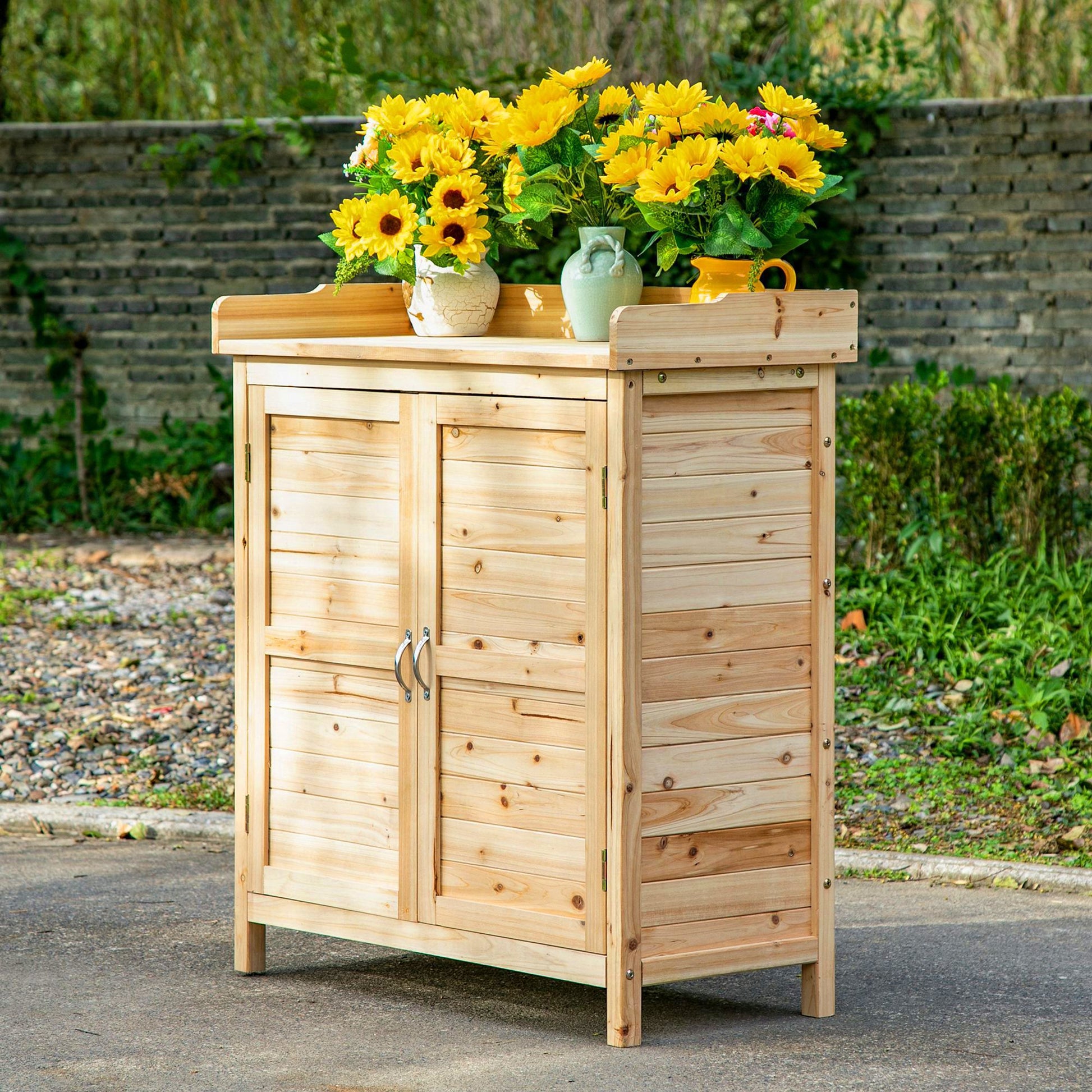 Wooden Garden Cabinet Outdoor Storage Shed with 2 Doors Shelf and Raised Legs for Terrace Patio 83x40x92 cm Natural