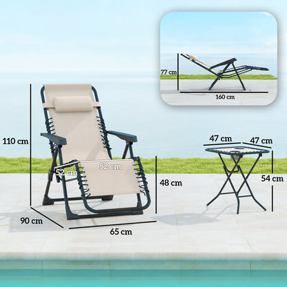 Set of 2 Garden Loungers Outdoor Folding with Side Table Cup Holder Zero Gravity Loungers with Adjustable Backrest Removable Armrest for Patio Pool Terrace Exterior Beige