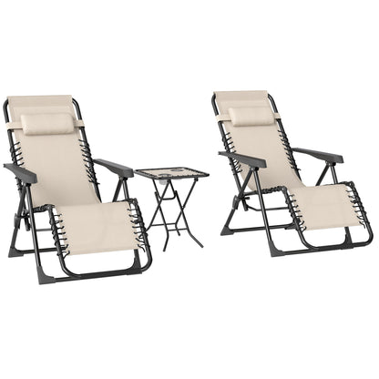 Set of 2 Garden Loungers Outdoor Folding with Side Table Cup Holder Zero Gravity Loungers with Adjustable Backrest Removable Armrest for Patio Pool Terrace Exterior Beige