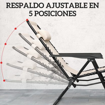 Set of 2 Garden Loungers Outdoor Folding with Side Table Cup Holder Zero Gravity Loungers with Adjustable Backrest Removable Armrest for Patio Pool Terrace Exterior Beige