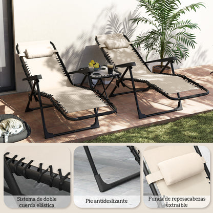 Set of 2 Garden Loungers Outdoor Folding with Side Table Cup Holder Zero Gravity Loungers with Adjustable Backrest Removable Armrest for Patio Pool Terrace Exterior Beige