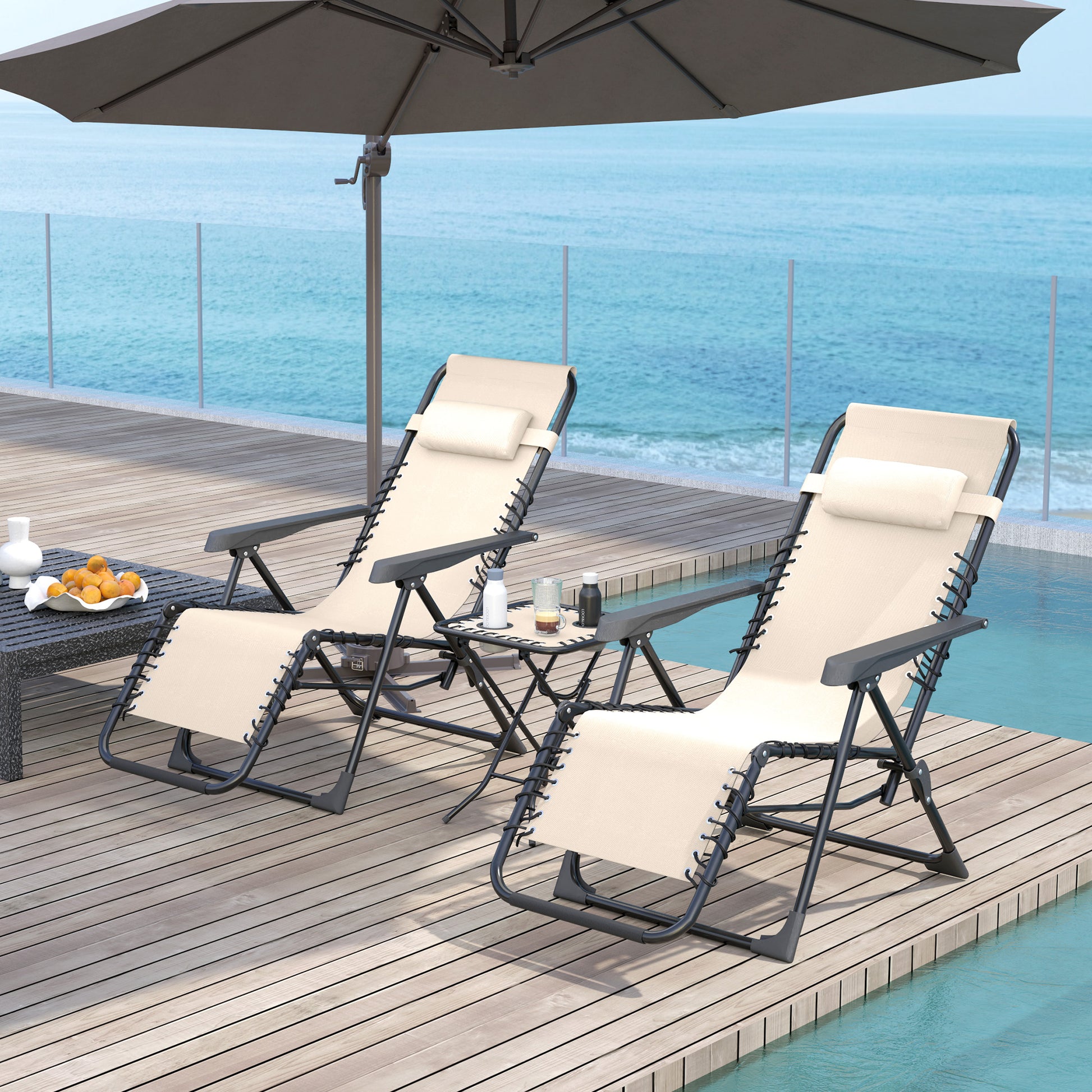 Set of 2 Garden Loungers Outdoor Folding with Side Table Cup Holder Zero Gravity Loungers with Adjustable Backrest Removable Armrest for Patio Pool Terrace Exterior Beige