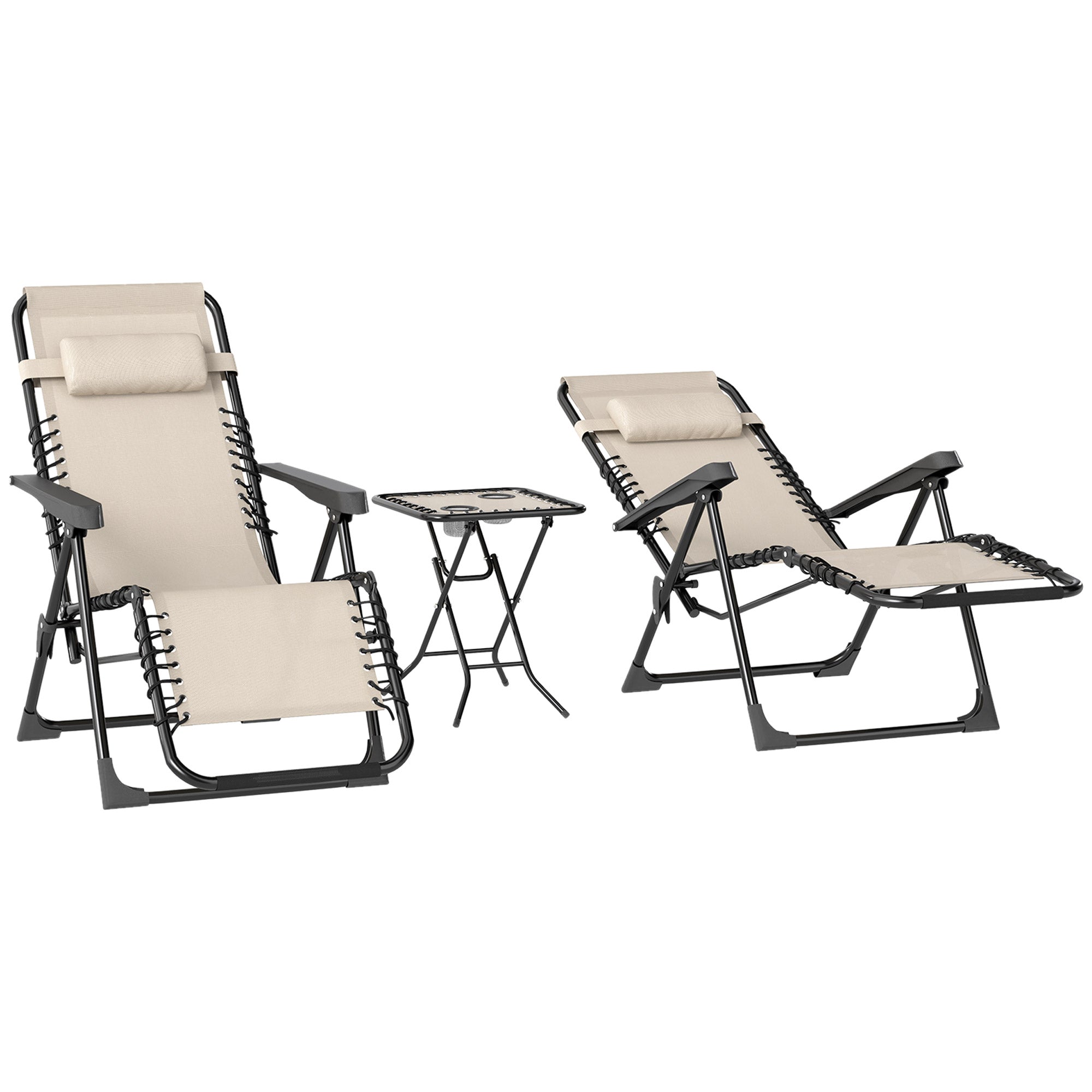 Set of 2 Garden Loungers Outdoor Folding with Side Table Cup Holder Zero Gravity Loungers with Adjustable Backrest Removable Armrest for Patio Pool Terrace Exterior Beige